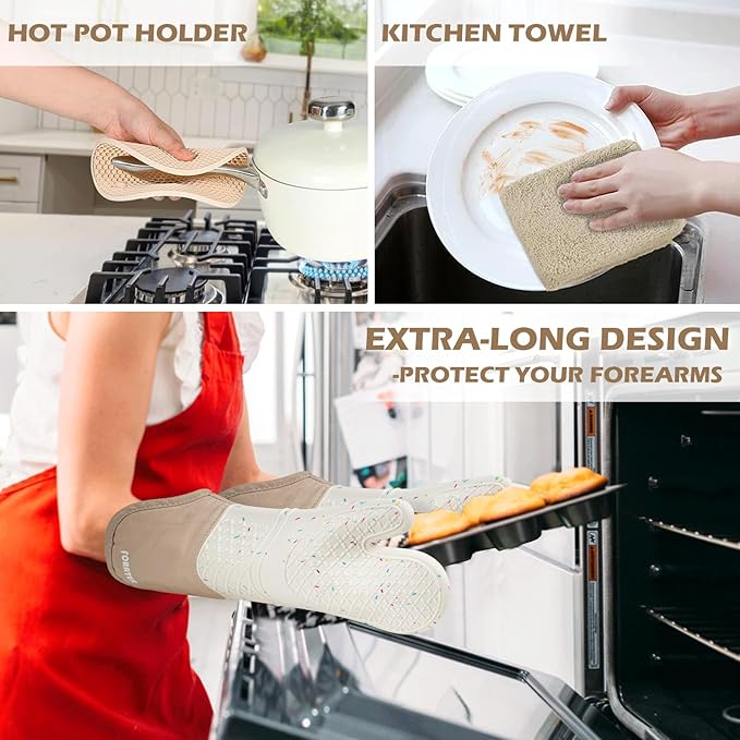 Extra Long Oven Mitts and Potholders 6Pcs Set, 500°F Heat Resistant Kitchen - Image 3