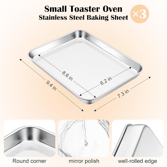 E-far 3 Pack Toaster Oven Trays, 9.4”x7.3” Stainless Steel Small Baking Cookie - Image 2