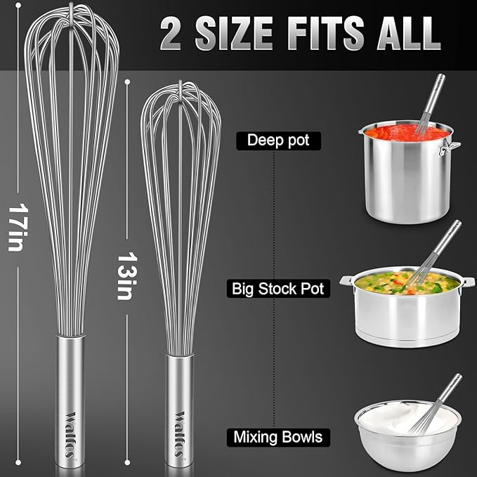 Walfos Whisks Large Whisk Set of 2, Heavy Duty Stainless Steel Wire Whisk Ideal - Image 5