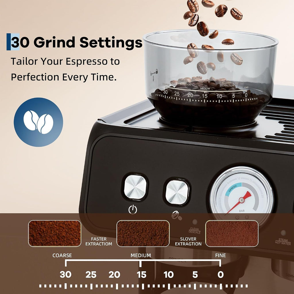 20 Bar Machine with Built-in Grinder, 1400W Steam Frother, 30 Grind