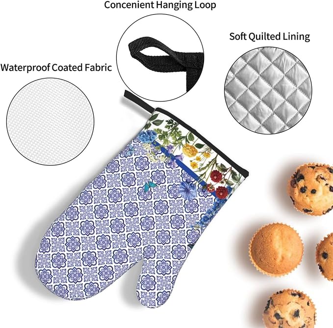 Blue Chinoiserie Oven Mitts Heat Resistant, Cute Floral Pot Holders and Kitchen - Image 5