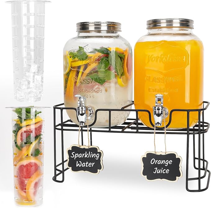 Glass Drink Dispensers For Parties, 2 PACK 1 Gallon Beverage Dispenser by Betrome