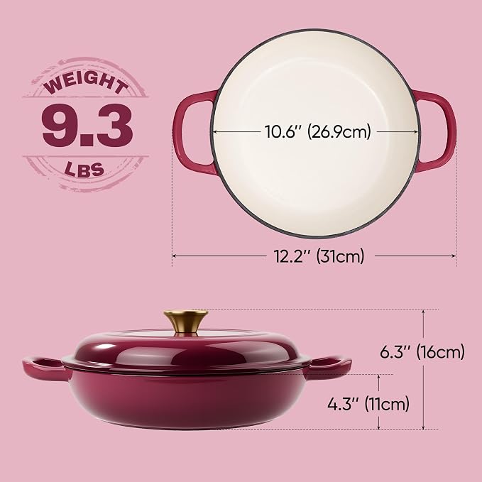 3 Quart Enameled Cast Iron Braiser, Non Stick Enameled Cast Iron Skillet - Image 3