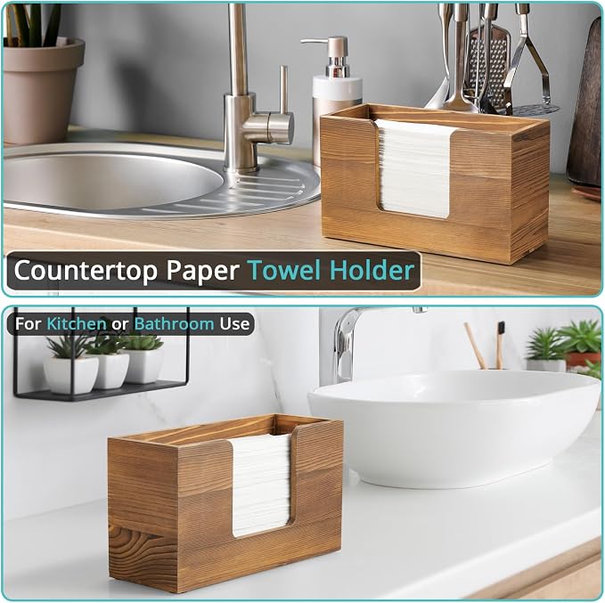Paper Towel Dispenser Countertop, Burnt Wood Bathroom Paper Towel Holder - Image 3