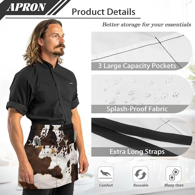 Server Apron with 3 Pockets, Waterproof Oil Waitress Waiter Half Apron - Image 6