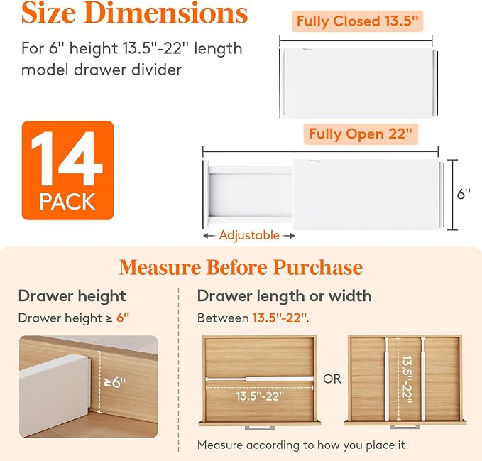 Lifewit 14 Pack 6" High Drawer Dividers 34-56cm/13.5-22" Adjustable Drawer - Image 2
