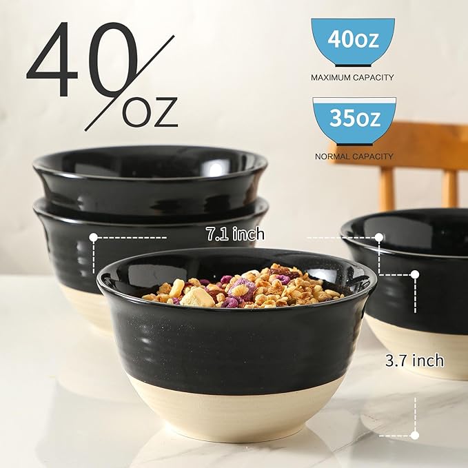 HASENSE Large Ceramic Soup Bowls Set of 4, 40 Oz Gloss Black Beige Stackable - Image 3