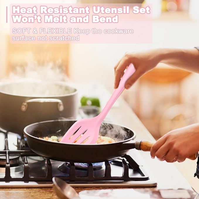 E-far Pink Silicone Cooking Utensils Set, 10-Piece Kitchen Utensil Set - Image 5