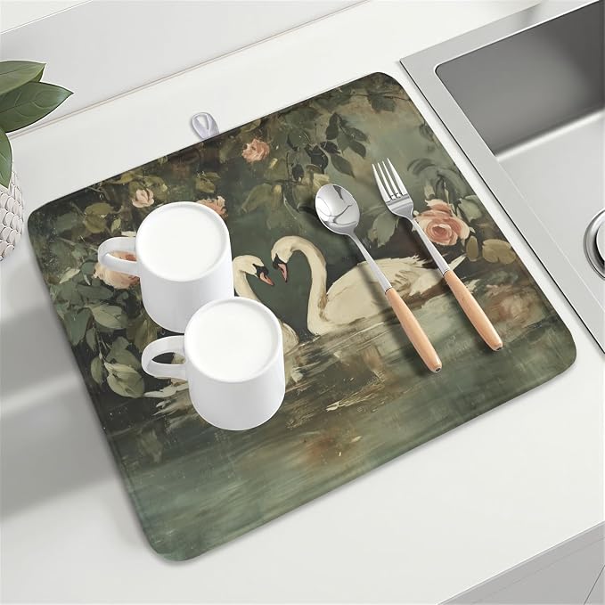 Swans Dish Drying Mat 18x16 Inch, Wildlife Aesthetic Dish Drainer Mats Summer - Image 8