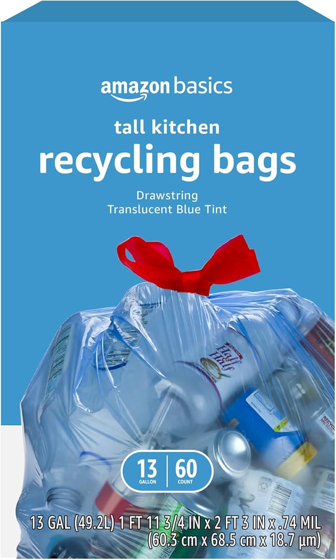Amazon Basics Blue Recycling Drawstring Trash Bags, Tall Kitchen, 13 Gallon by AmazonBasics