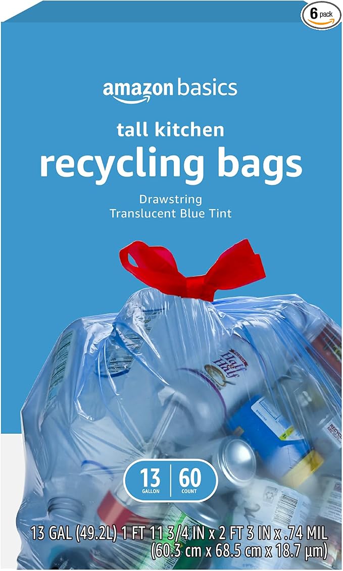 Amazon Basics Blue Recycling Drawstring Trash Bags, Tall Kitchen, 13 Gallon by AmazonBasics