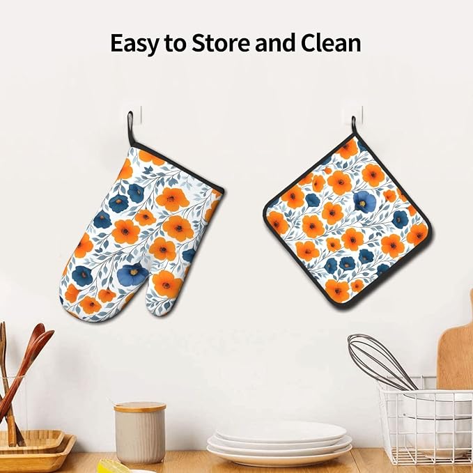 Spring Orange Blue Floral Oven Mitts and Pot Holders Sets of 3, Heat Resistant - Image 5