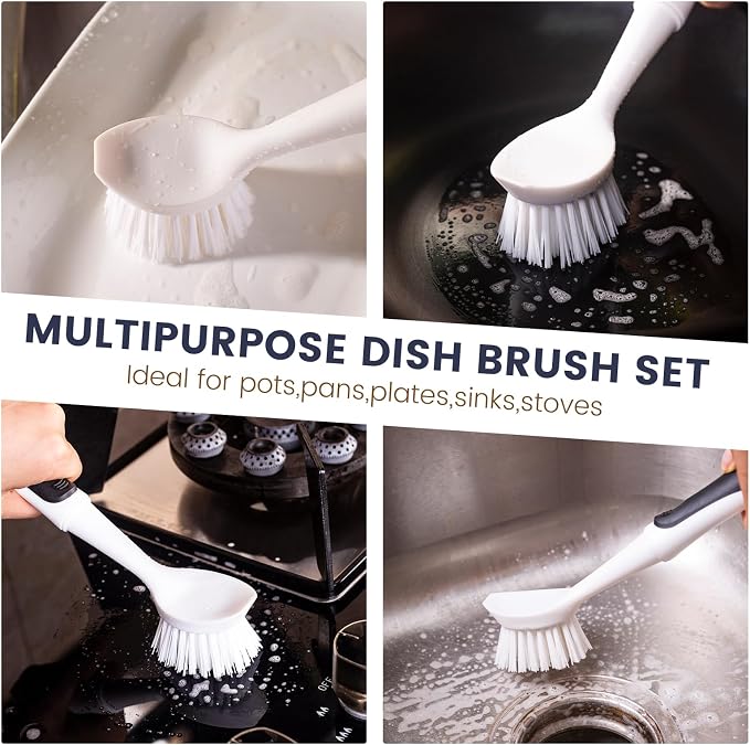 Dish Brush with Handle, 2 Pack Dish Scrub Brush with Built-in Scraper and 2 - Image 5