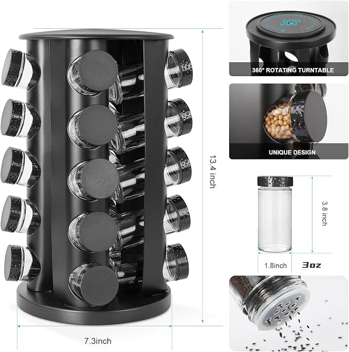 Tianifa Black Countertop Rotating Spice Rack, Round Empty 20-Jars Revolving - Image 2