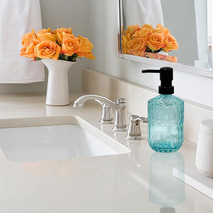 Blue Glass Soap Dispenser with Black Pump, 15oz Liquid Hand Dispenser, - Image 4