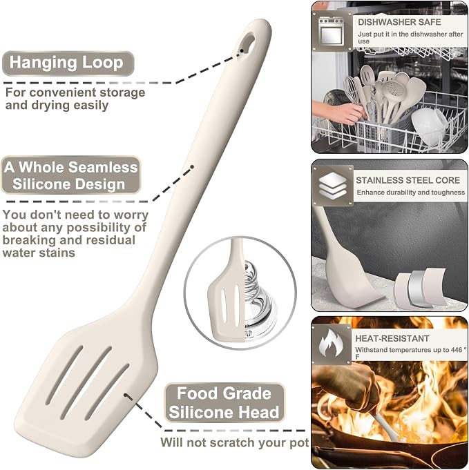 Silicone Kitchen cooking Utensils Set, AIKKIL 43 Pcs Heat Resistant Khaki - Image 3