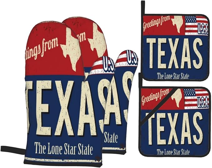 Oven Mitts and Pot Holders Sets of 4, Texas Lone Star State Retro US, Oven by DONMYER