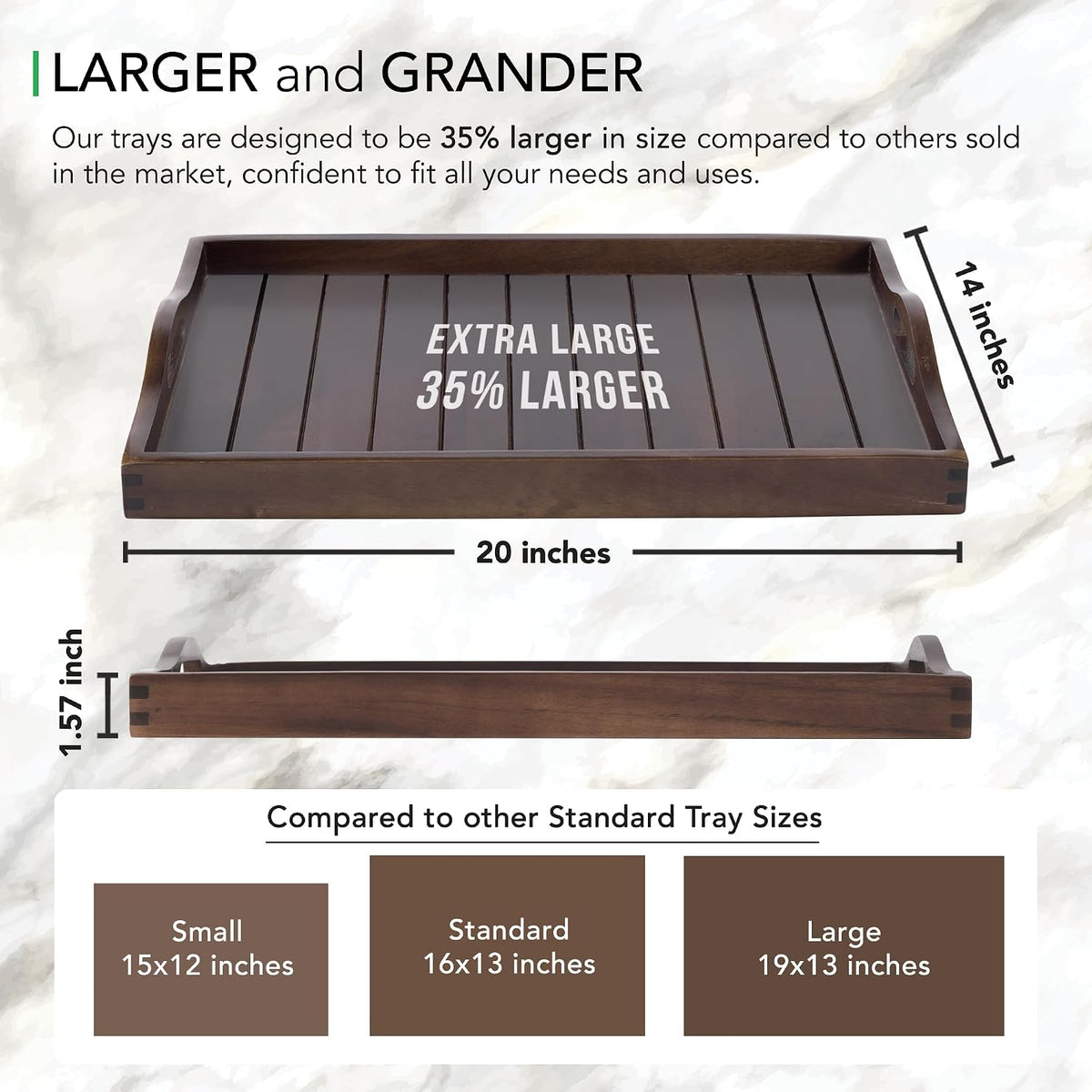 Joy&Grace Large Acacia Wooden Serving Tray with Handles 20 x 14 inch