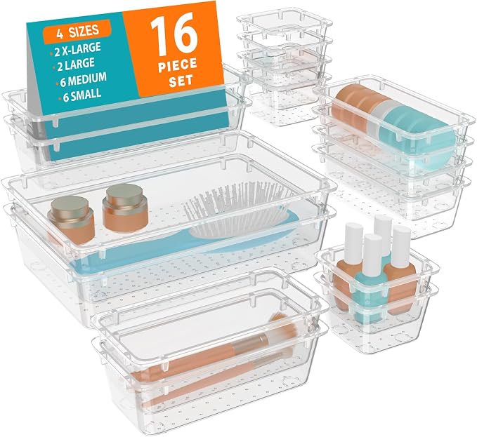 WOWBOX 16 PCS Clear Plastic Drawer Organizer Set, 4 Sizes Desk Drawer by WOWBOX