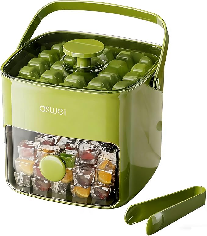Compact Ice Cube Tray with Lid and Bin, Mini Press-Type Ice Cube Maker by AUZUX