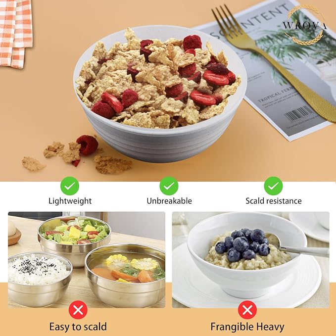 Wrova Wheat Straw Bowls Set of 8, Unbreakable White Cereal Bowl 26OZ, Microwave - Image 5