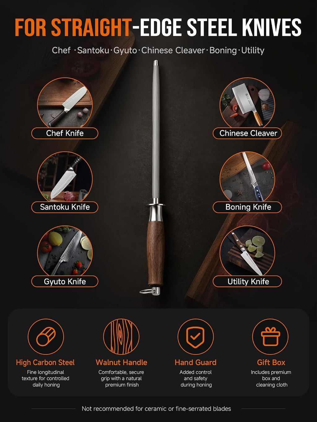 10 Inch Honing Steel for Knives, High Carbon Steel Knife Sharpener Rod