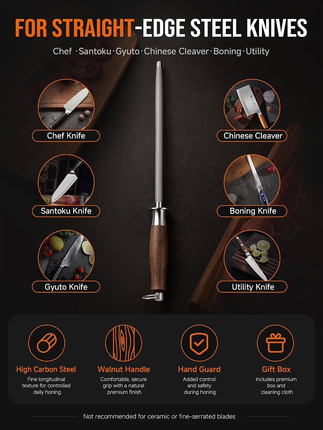 10 Inch Honing Steel for Knives, High Carbon Steel Knife Sharpener Rod