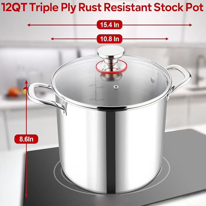 LIANYU 12 QT Stock Pot with Lid, 12 Quart Deep Tall Large Soup Pot - Image 2