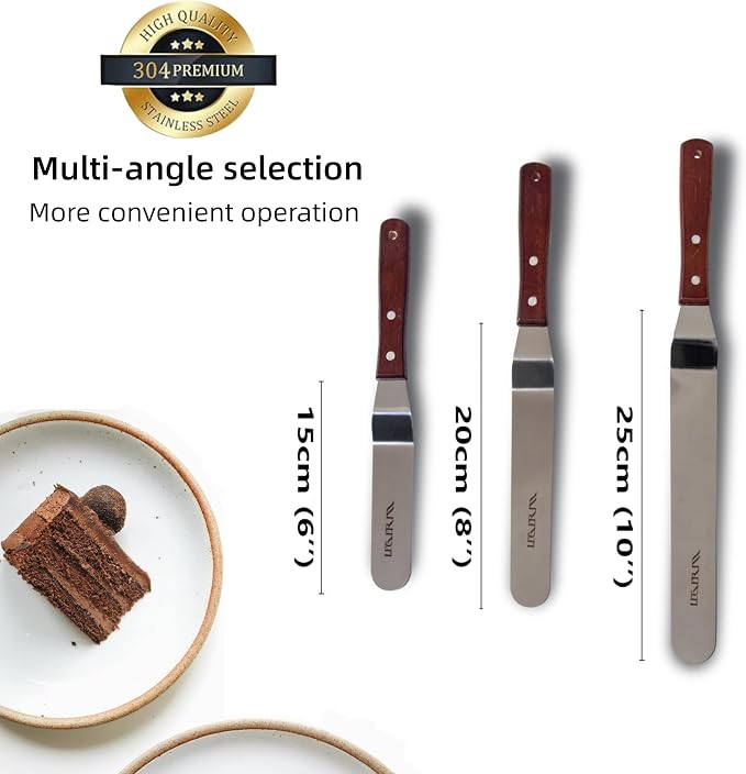 Cake Decorating Angled Icing Spatula Set of 6 8 & 10 Inch Wooden Handle - Image 2