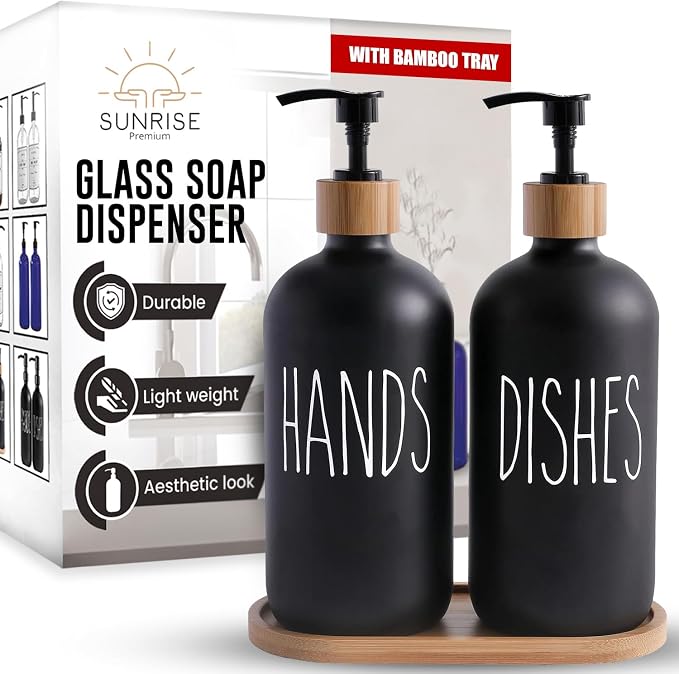 Sunrise Premium 16 OZ Thick Black Glass Soap Dispenser, Bamboo Pump by SunrisePremium