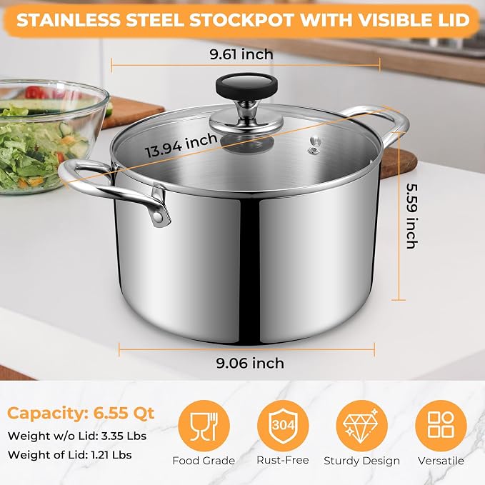 Tri-Ply Stainless Steel Stock Pot, 6.5 Quart Heavy Duty Induction Cooking Pot - Image 2