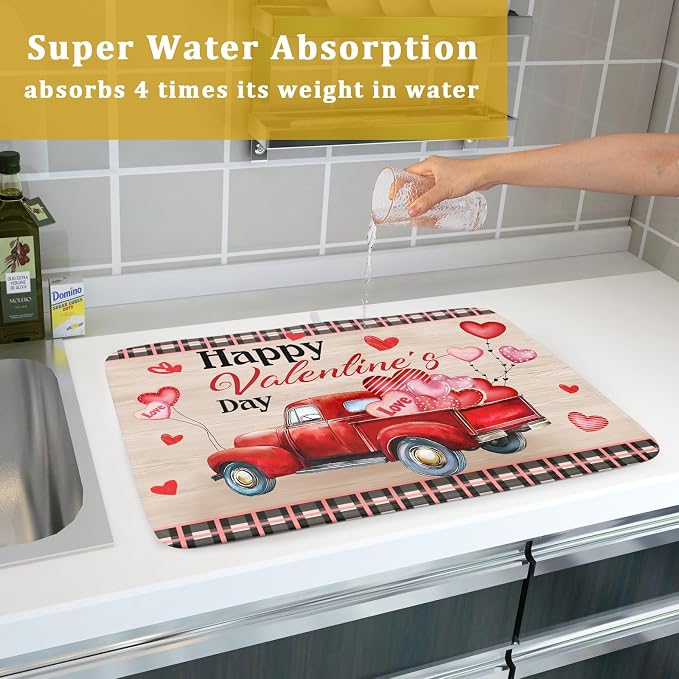 Valentine's Day Truck Dish Drying Mat 18x24 inch Love Heart Washable Absorbent - Image 7