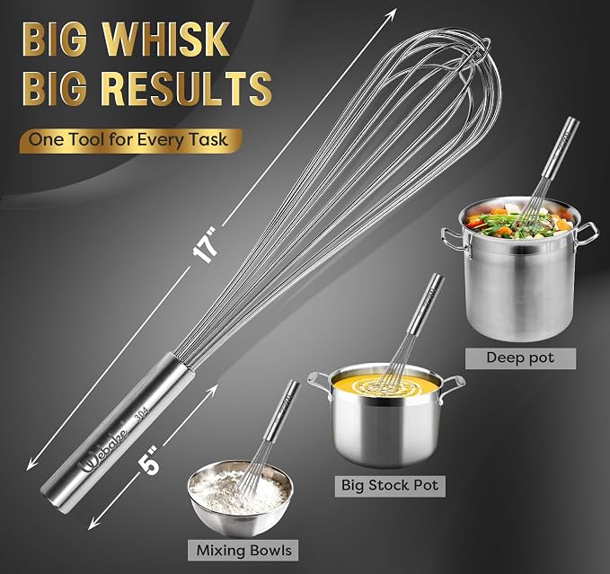 Webake Commercial Whisk Heavy Duty 17in Large Whisk, 304 Stainless Steel Whisks - Image 5