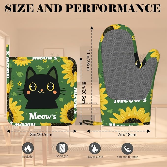 Black Cat Oven Mitts and Pot Holders Sets Cartoon Sunflower Silicone Heat - Image 3