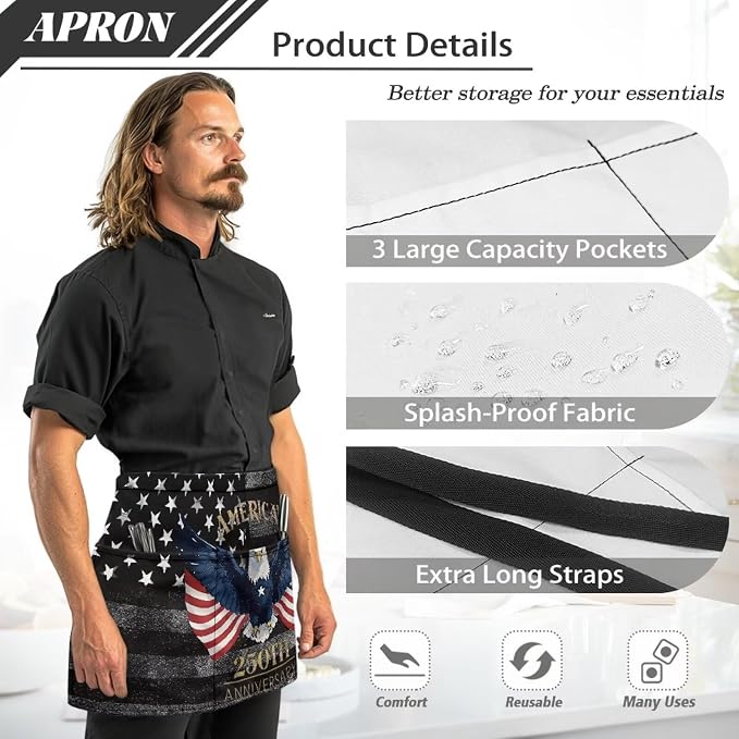 Server Apron with 3 Pockets, Waterproof Oil Waitress Waiter Half Apron - Image 6