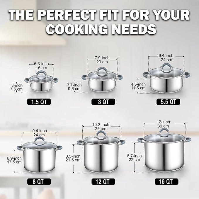 Cook N Home Stockpot with Lid, 8-Quart Basic Stainless Steel Pasta Cooking Soup - Image 2