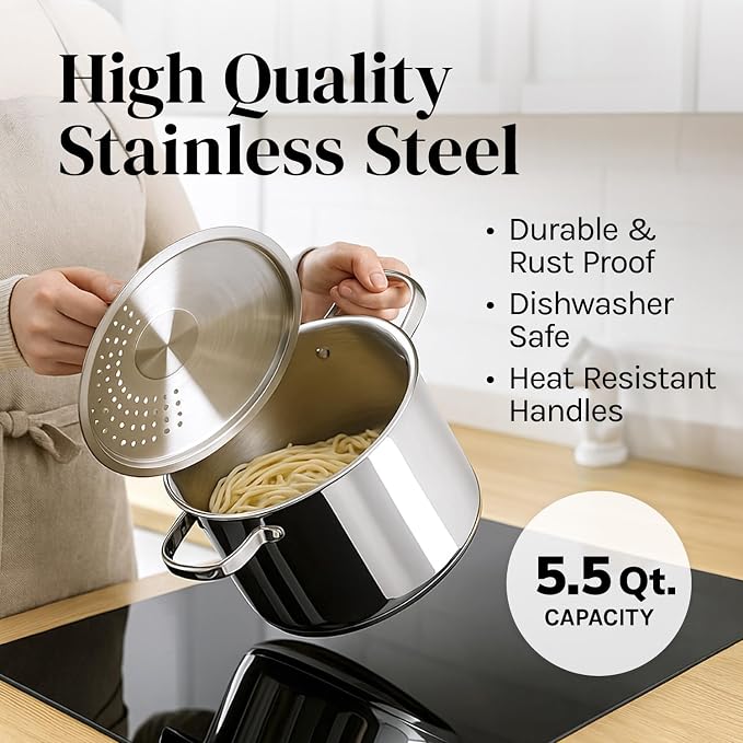 Stainless Steel Pasta Pot with Strainer Lid — 5.5 Qt Large Capacity Spaghetti - Image 6
