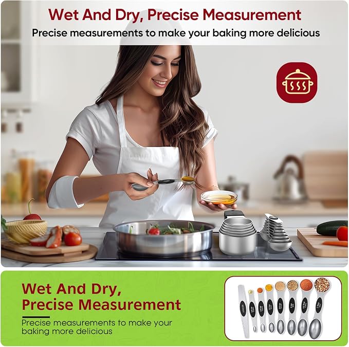 Magnetic Measuring Cups & Spoons Set|304 Stainless Steel Dual Scale Set of 15 - Image 8