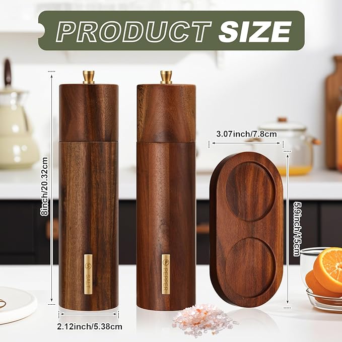 Wooden Salt and Pepper Grinder Set 8 Inch Manual Salt and Pepper Mill - Image 2