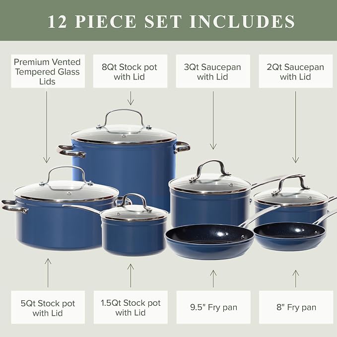 Nuwave Healthy Duralon Blue Ceramic Nonstick 12pc Cookware Set, Diamond Infused - Image 7