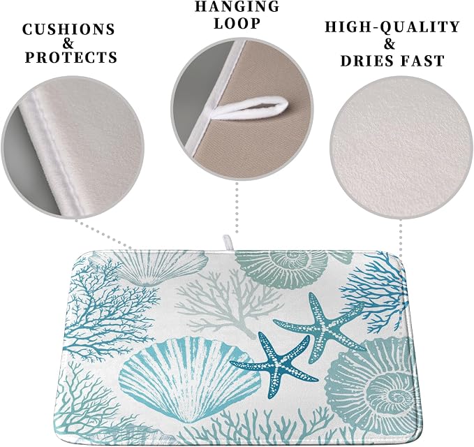 Summer Teal Dish Drying Mat for Kitchen Counter Nautical Coastal Blue Dishes - Image 3
