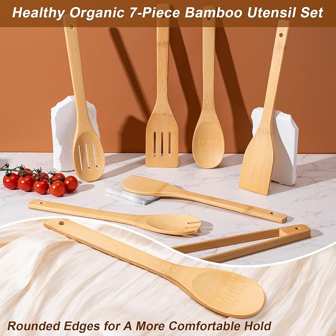 Eisinly Wooden Spoons for Cooking 7-Piece, Kitchen Nonstick Bamboo Cooking - Image 3