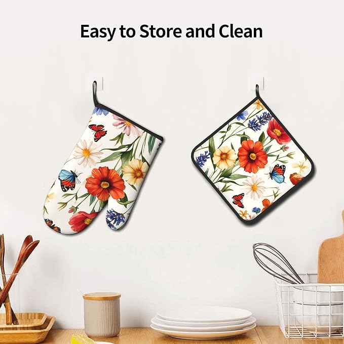 Cute Oven Mitts and Pot Holders Sets Poppy Daisy Flowers Kitchen Gloves - Image 2