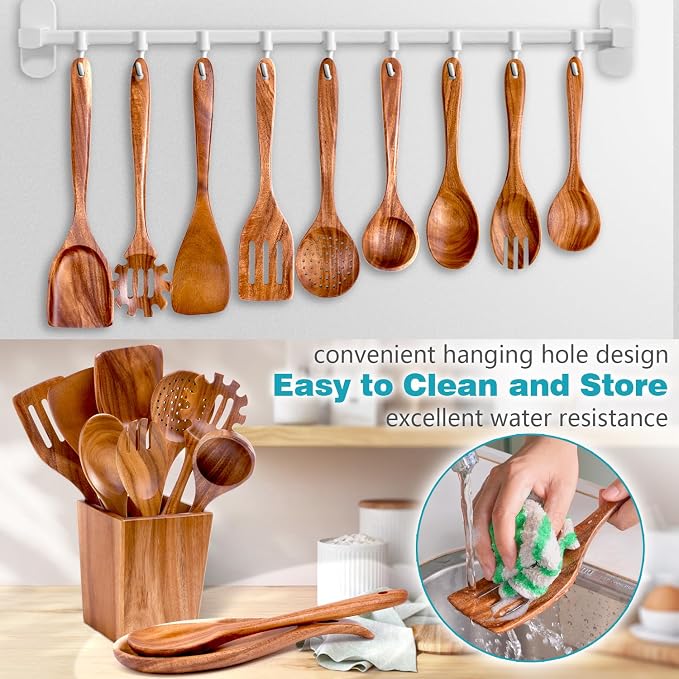 HOWHONG Wooden Spoons for Cooking, Premium Acacia Wood Kitchen Utensil Set - Image 3