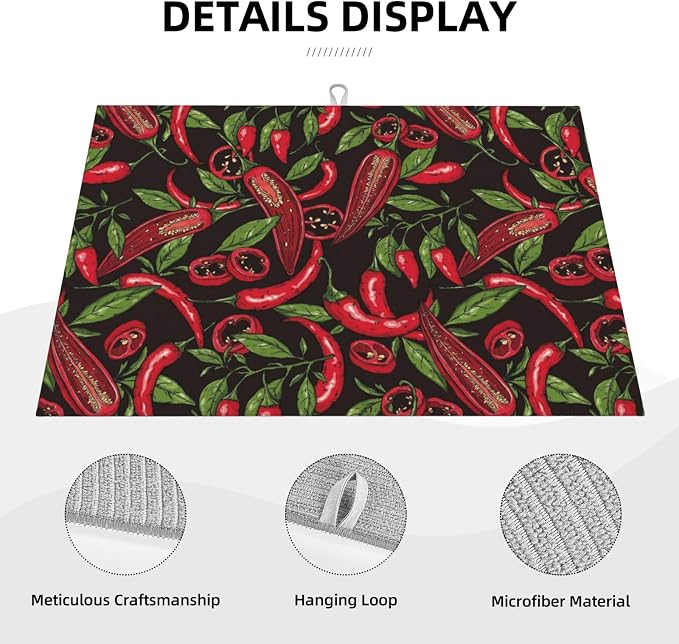 Red Chili Peppers Dish Drying Mat Vegetable Pepper Black Rustic Green Leaf - Image 2
