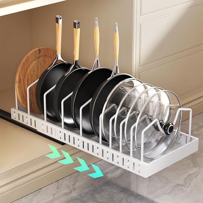 Pull Out Pots and Pans Organizer Under Cabinet, Expandable Sliding Lid Holder by Lozovincablemanagementtray