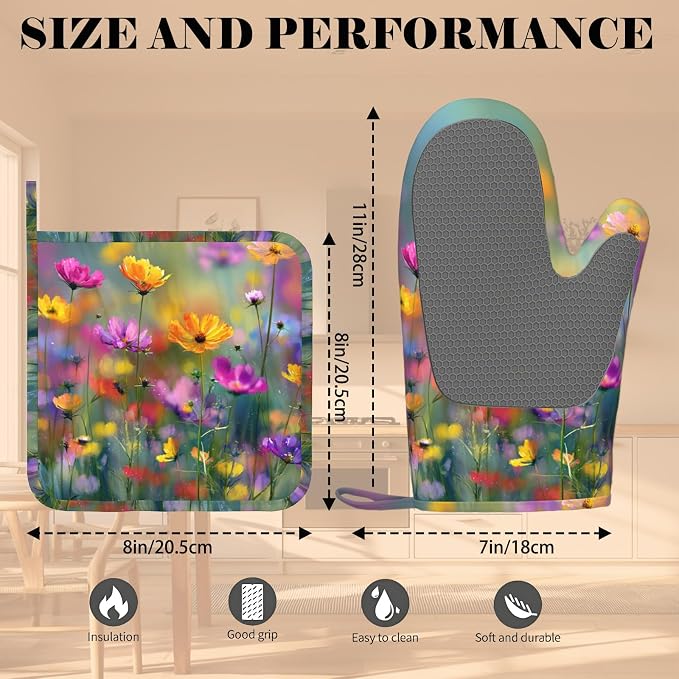 Retro Colorful Flowers Oven Mitts and Pot Holders Sets Boho Floral Non-Slip - Image 3