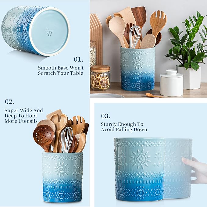 LOVECASA Extra Large Kitchen Utensil Holder, 7.2" Ceramic Farmhouse Utensil - Image 6