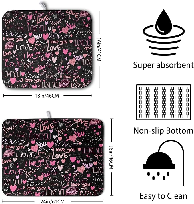 Mother's Day Dish Drying Mat for Kitchen Counter Love Heart Black Drying Mats - Image 2