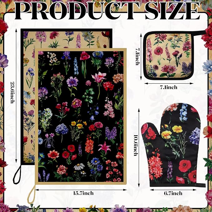 Bencailor 6 Pcs Vintage Wildflower Kitchen Towels Oven Mitts and Pot Holders - Image 3